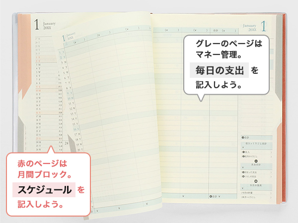 22年版手帳 ダブルスケジュール マネー B6 ピンク ミドリオンラインストア
