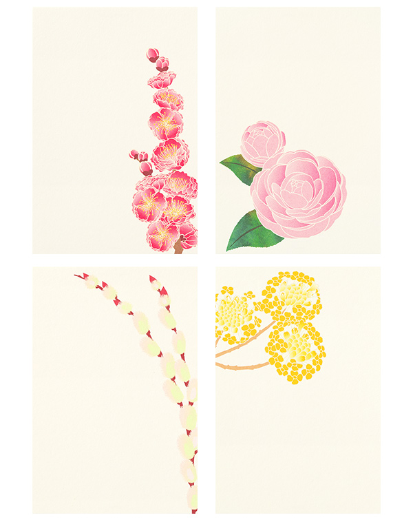 ハガキ ポストカード 紙シリーズ はがき箋 4柄入 冬の花柄 8枚入 ミドリオンラインストア